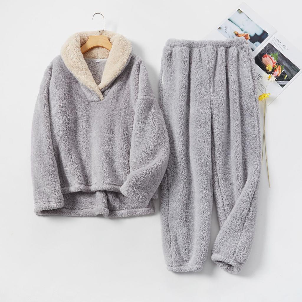 Ladies' Casual And Comfortable Round Neck Warm And Plush Home Clothes Cardigan Sleepwear And Pants Set