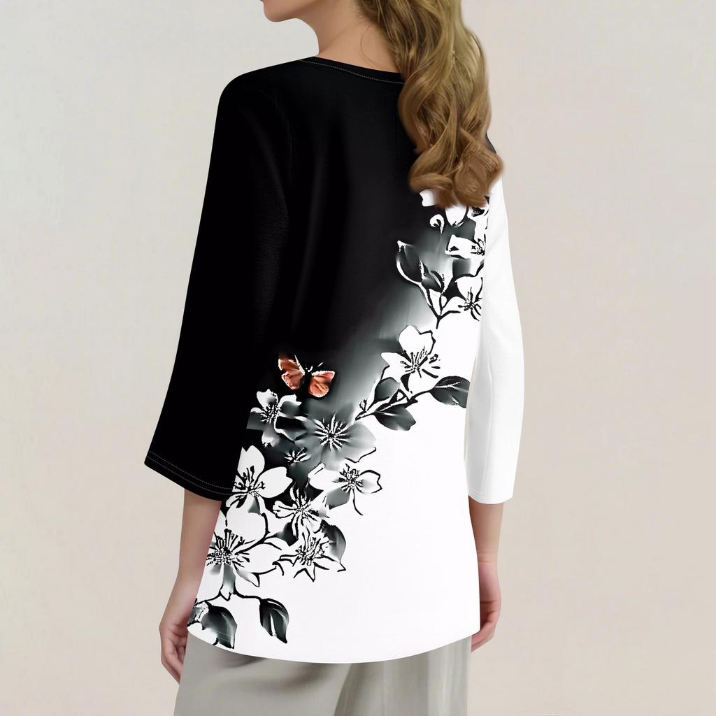 Жен. Футболка С принтом Пуговицы Рукав 3/4 Повседневные Выходные Мода Классический Классический V-образный вырез Обычный Верх