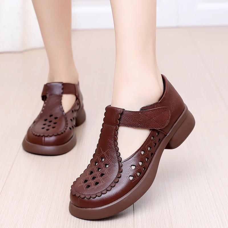 Модная GKTINOO Натуральная кожа Сандалии с закрытым носком 2025 Лето Ажурные Толстый каблук Мэри Джейн Застежка-липучка Женская обувь Большой размер