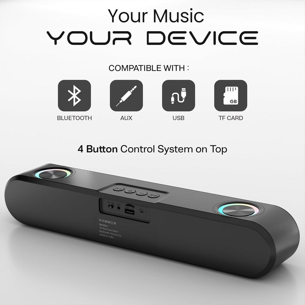 Звуковая панель HAMMER Beatbox Bluetooth мощностью 24 Вт, RGB-подсветка, возможность подключения AUX, USB, TF-карт и TWS, до 8 часов воспроизведения, 52-мм драйверы, динамик BT(черный)
