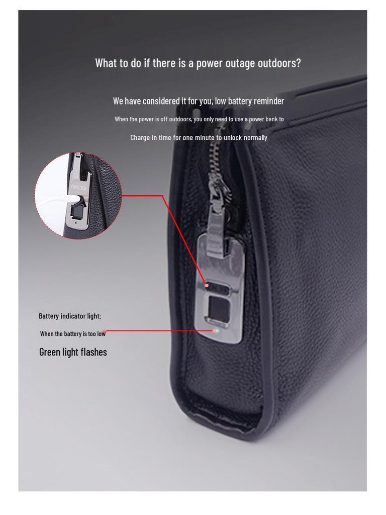 Men's Genuine Leather Anti-Theft Smart Handbag with Fingerprint Lock - Large Capacity