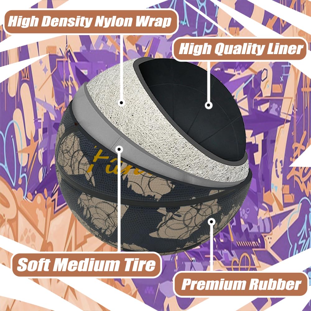 Fantecia Size 5 Rubber Basketball for Junior and Young Black with Circle Line Pattern Basketball, Indoor/Outdoor Players,