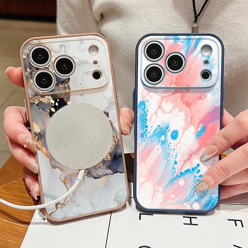 Ретро Чехол с Мраморным Узором Для iPhone 17 Pro Max Магнитный Для Magsafe Гибридный ТПУ+ПК Матовое Покрытие Для iPhone 16 15 14 13 Pro Max