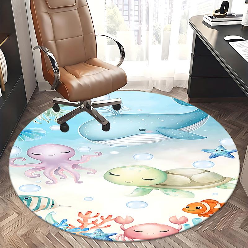 Underwater Adventure Chair Mat - Round Carpet for Home Decor, Office Use, and Gifts - Cute Ocean Animal Design Suitable for Bedrooms