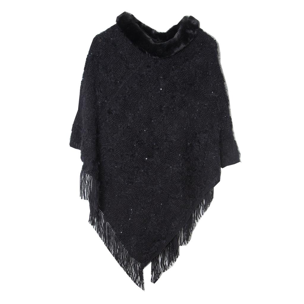 Сверкающий однотонный пуловер с шалью с меховым воротником