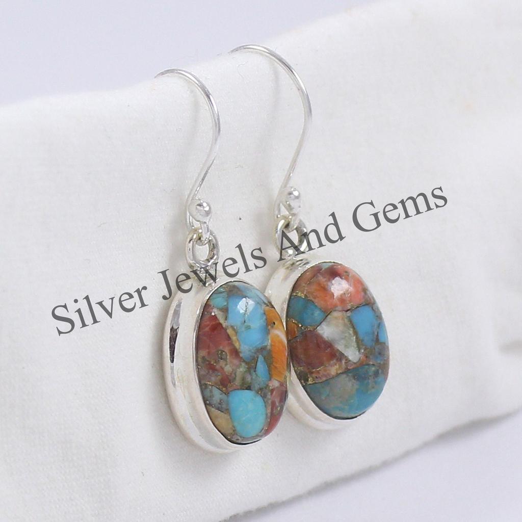 Oyster Turquoise 925 Sterling Silver Earrings, Handmade Oval Gemstone