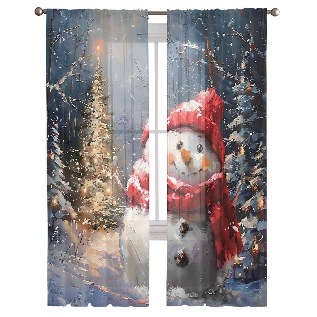 Christmas Tree Snowman Vintage Oil Painting Sheer Curtains Modern Gauze Curtain for Living Room Bedroom Voile Yarn Curtains