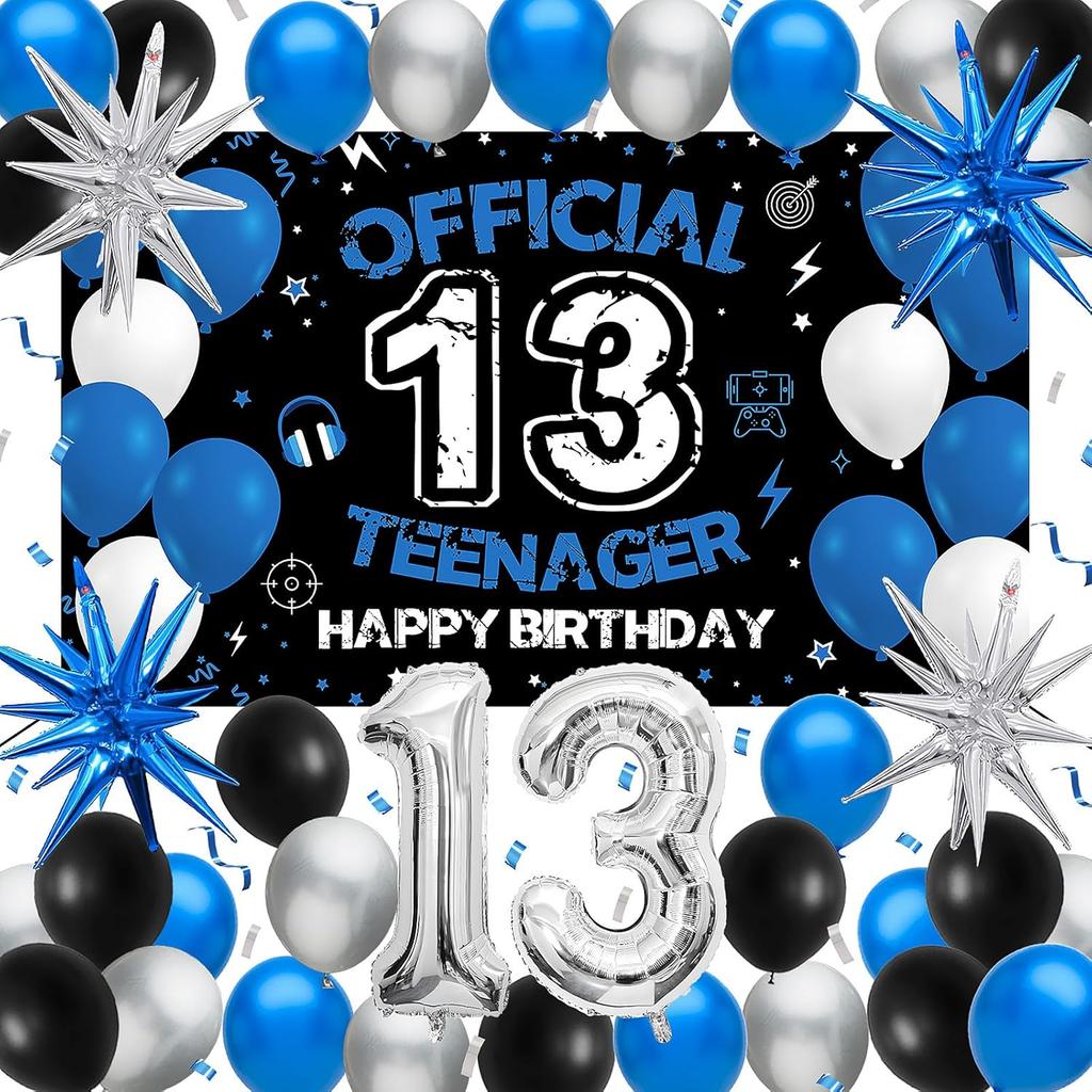 Vicycaty 13th Birthday Decorations for Boys Girls, Official Teenager 13 Years Old Birthday Party Supplies Set with Fabric Backdrop Banner, Foil