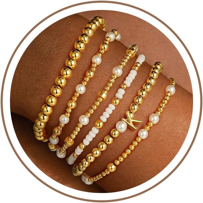 Turandoss 18K Gold Plated Beaded Stretch Initial Bracelet for Women Gifts