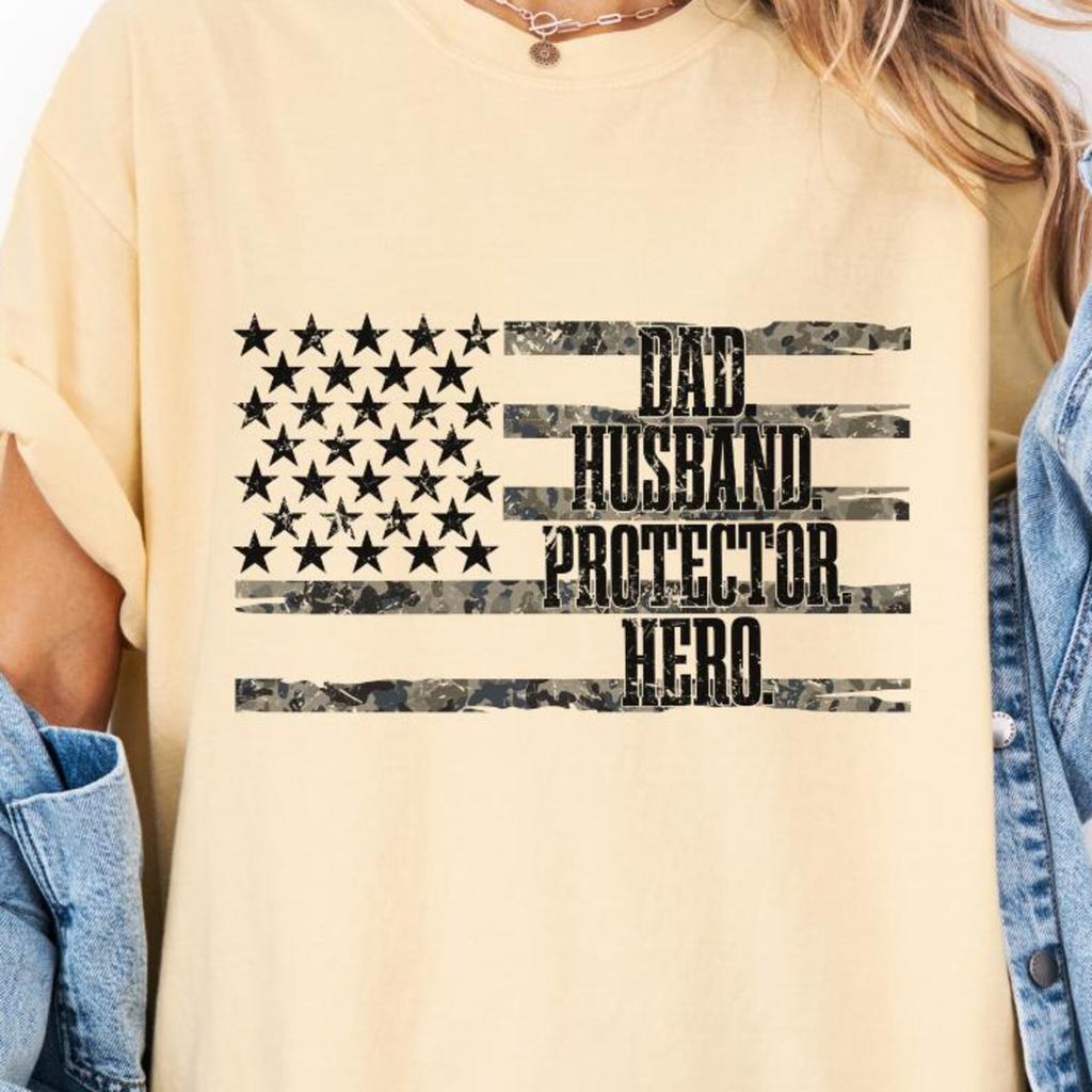 Dad Husband Protector Hero Comfort Color Shirt, American Flag Husband T-Shirt, Wife To Husband Gift, Fathers Day Shirt, American Dad Shirt