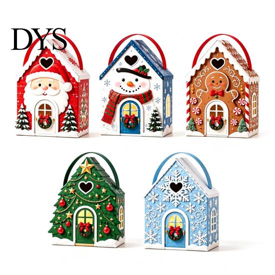 Reusable Holiday Gift Packaging Christmas House Box with Handle, 3D Gingerbread/Santa Claus/Tree/Snowflake Candy Snack Containers for Parties
