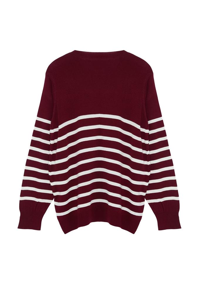 Women's Fashion Stylish Plus Size Sweater Black Striped Crew Neck Knitwear Sweater