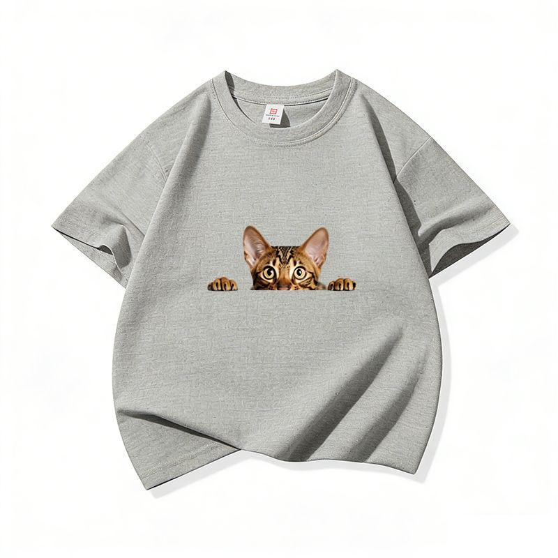 Kids Cotton T Shirt Peeking Bengal Cat Print Crew Neck Short Sleeve Tee Casual Breathable Boys Girls Summer Tops