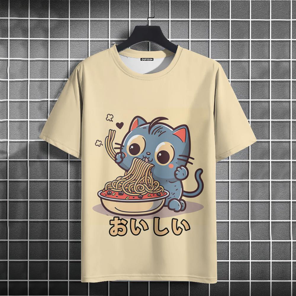 Футболки с принтом Noodle Cat 3D для мужчин, футболки, летние повседневные топы с коротким рукавом, свободные футболки Harajuku большого размера, мужская одежда, новинка