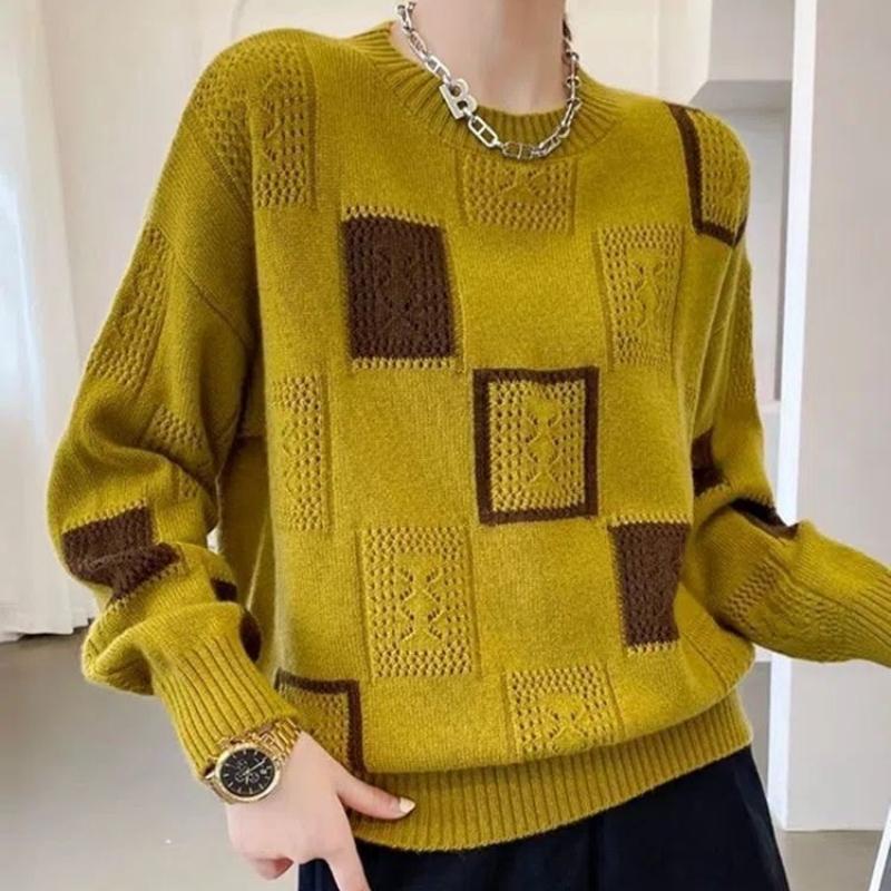 Подходящий по цвету клетчатый свитер-топ, женский тонкий ретро-свитер с круглым вырезом из мохера на весну и осень