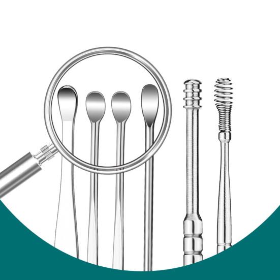 Набор из 6 предметов для чистки ушей из нержавеющей стали, спиральные инструменты для чистки ушей с чехлом из искусственной кожи, домашний набор для ухода за ушами для дома и путешествий