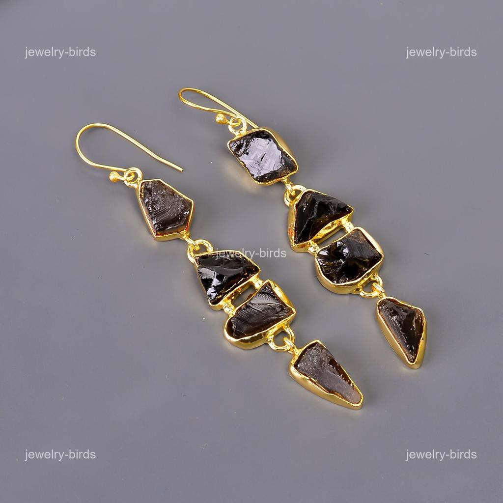 Натуральный дымчатый кварц, позолоченные, модные свисающие серьги, гальванопластика, ювелирные изделия V-115