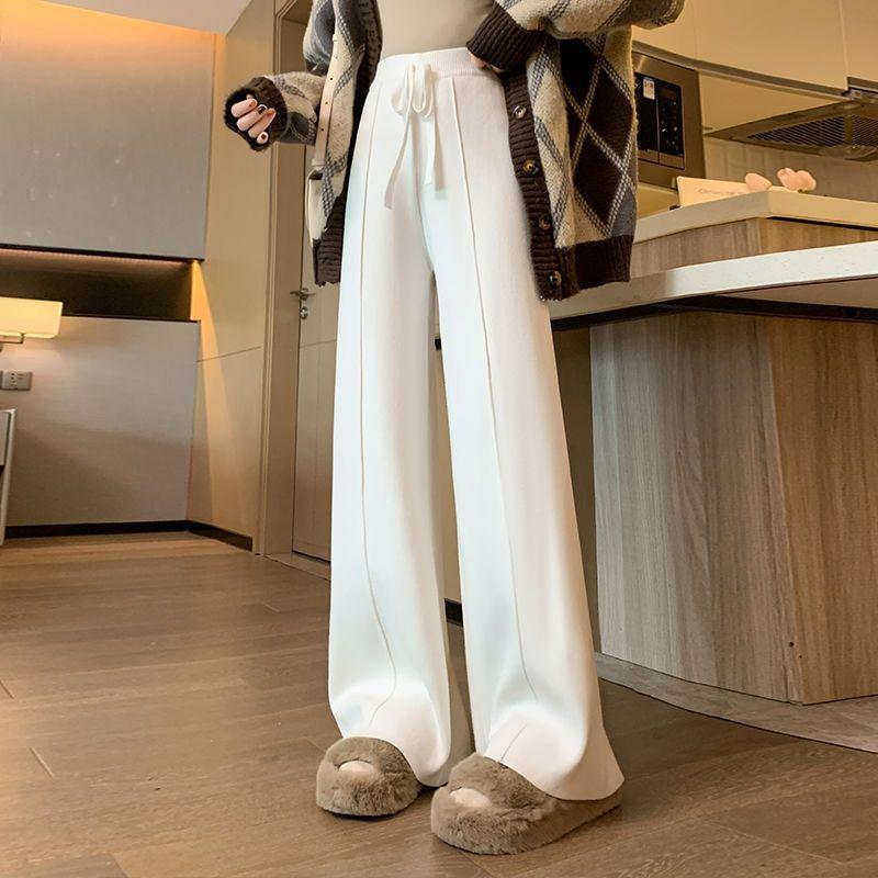 Вязаные широкие брюки для женщин на осень и зиму, новые драпированные длинные брюки с высокой талией, вязаные