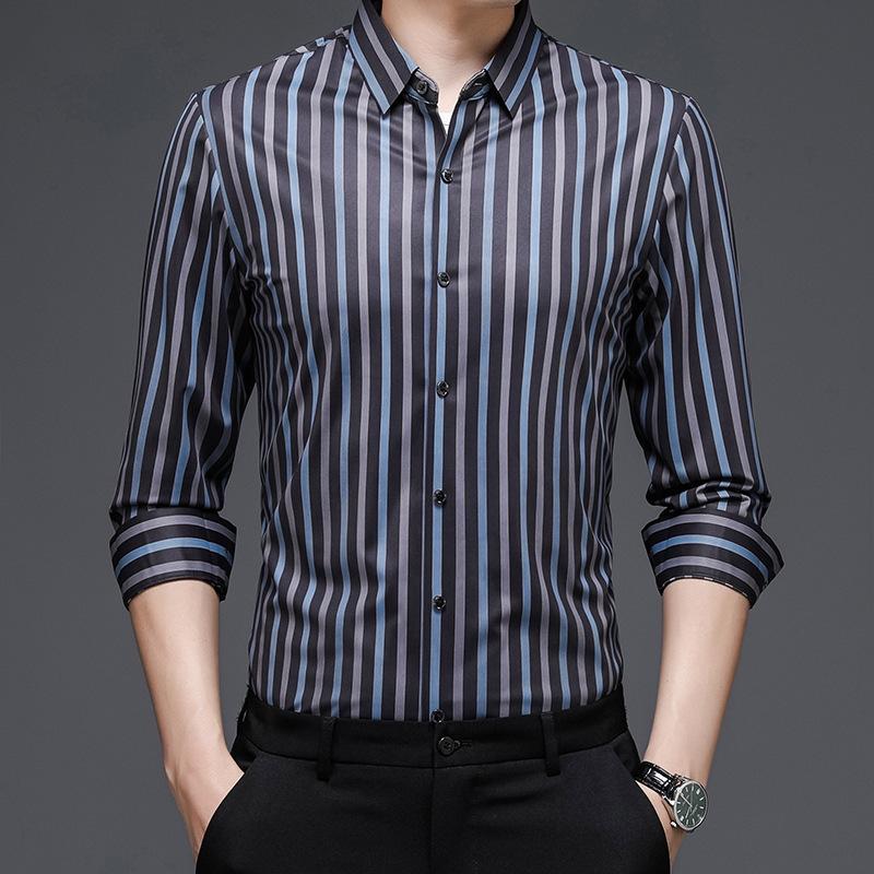 Весна и осень, новая мужская рубашка с длинными рукавами, деловая повседневная модная мужская рубашка с вертикальным полосатым принтом