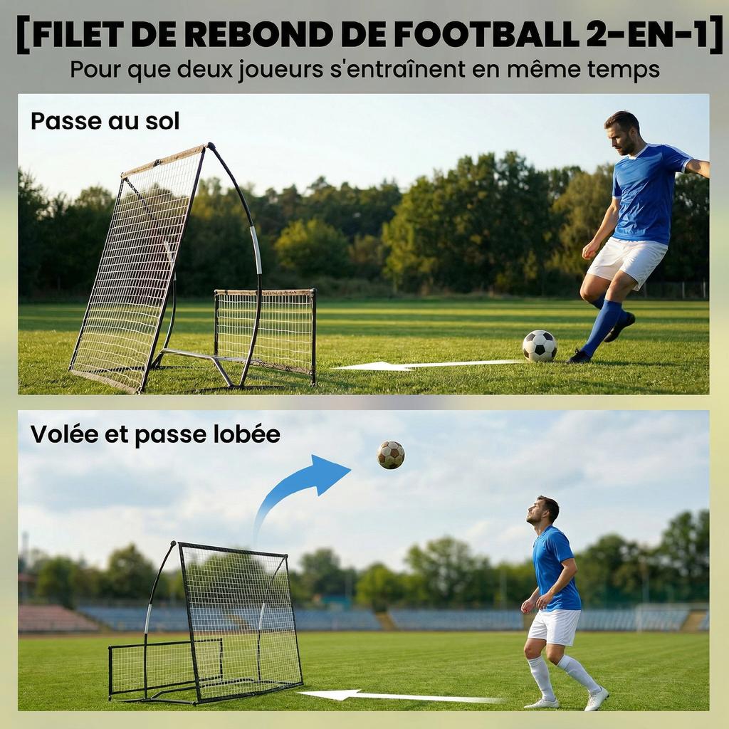 Portable Football Rebound Net 2-in-1, Double-Sided, with Carry Bag and Ground Stakes, 200x94x122/52cm, Black