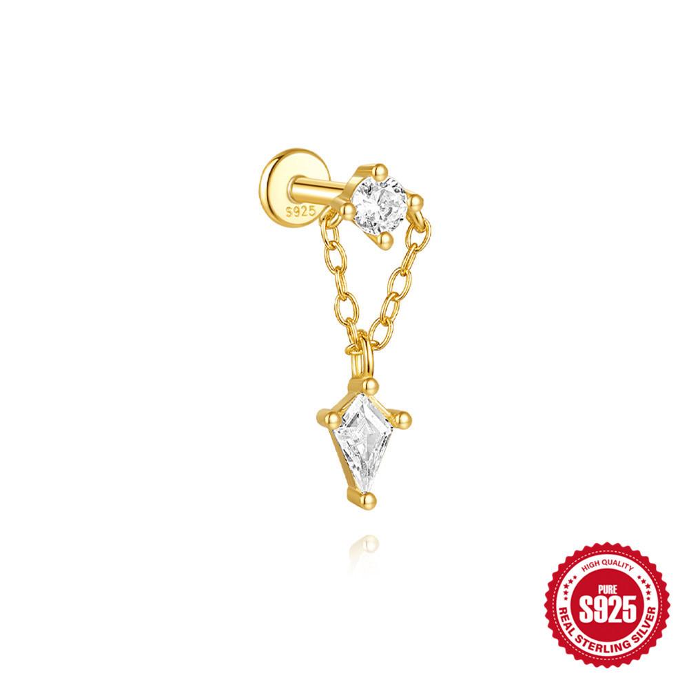 Стильный и простой Ins S925 стерлингового серебра Кайт камень с бриллиантами Плоская головка Внутренняя резьба Прокол Козелок серьга-пусет женская