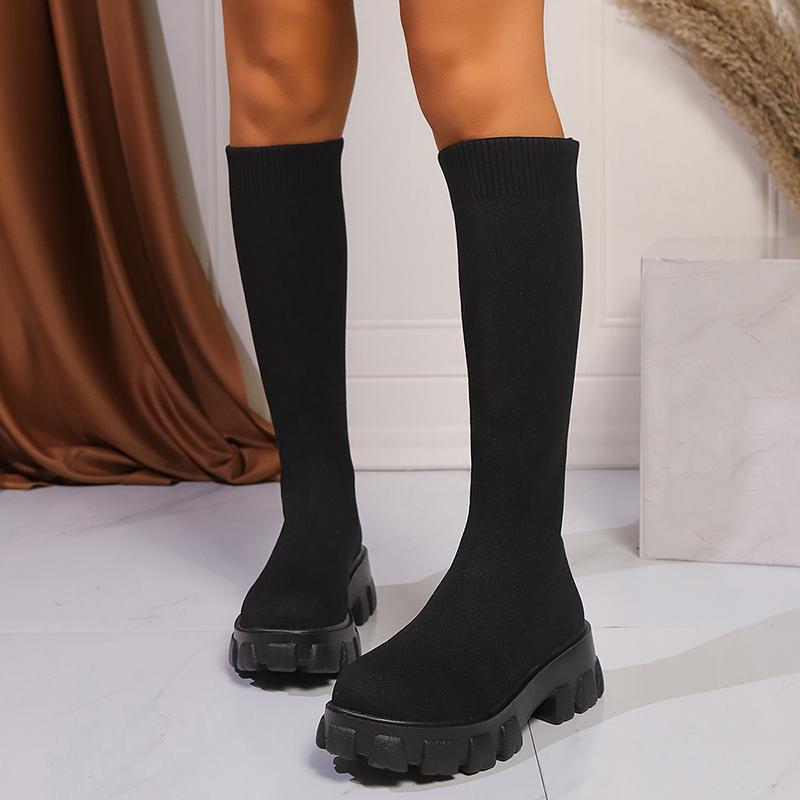 Сапоги на толстой подошве, вязаные, до колена, женские, осень 2024 года, эластичные, на платформе, носки, женские, шикарные, без застежек, большие размеры, длинные, Botas Mujer
