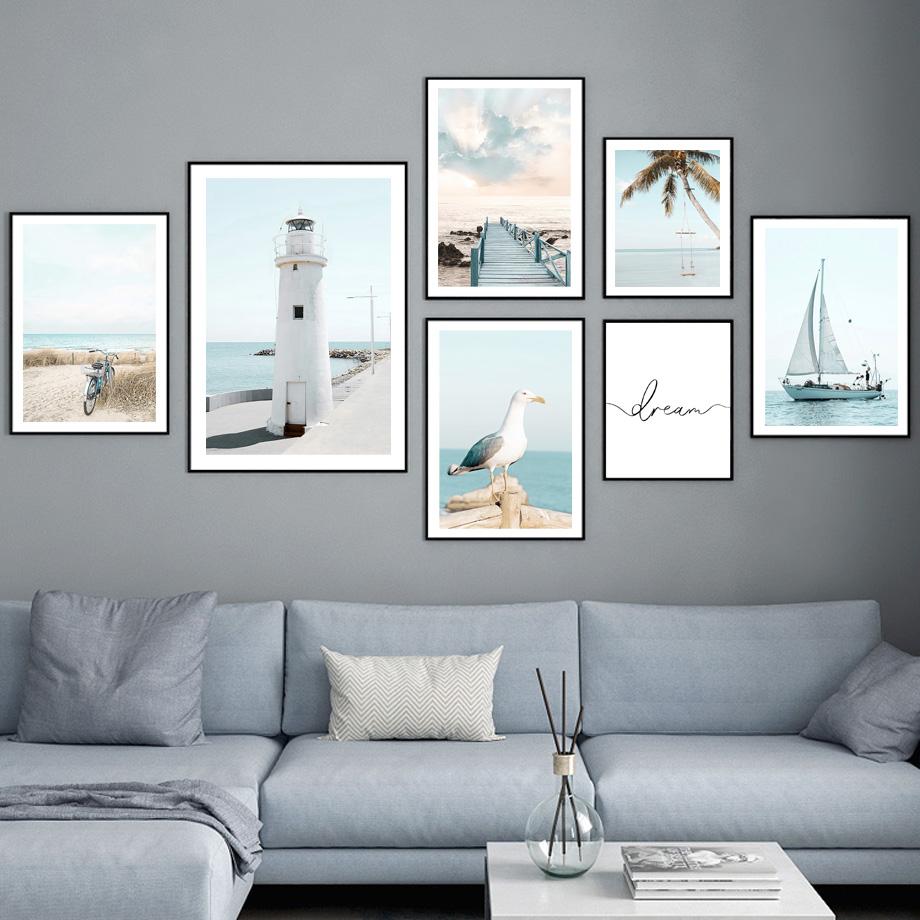 Чайка, маяк, мост, море, пляж, велосипед, настенная живопись на холсте, постеры на скандинавскую тему и принты, настенные панно для декора гостиной