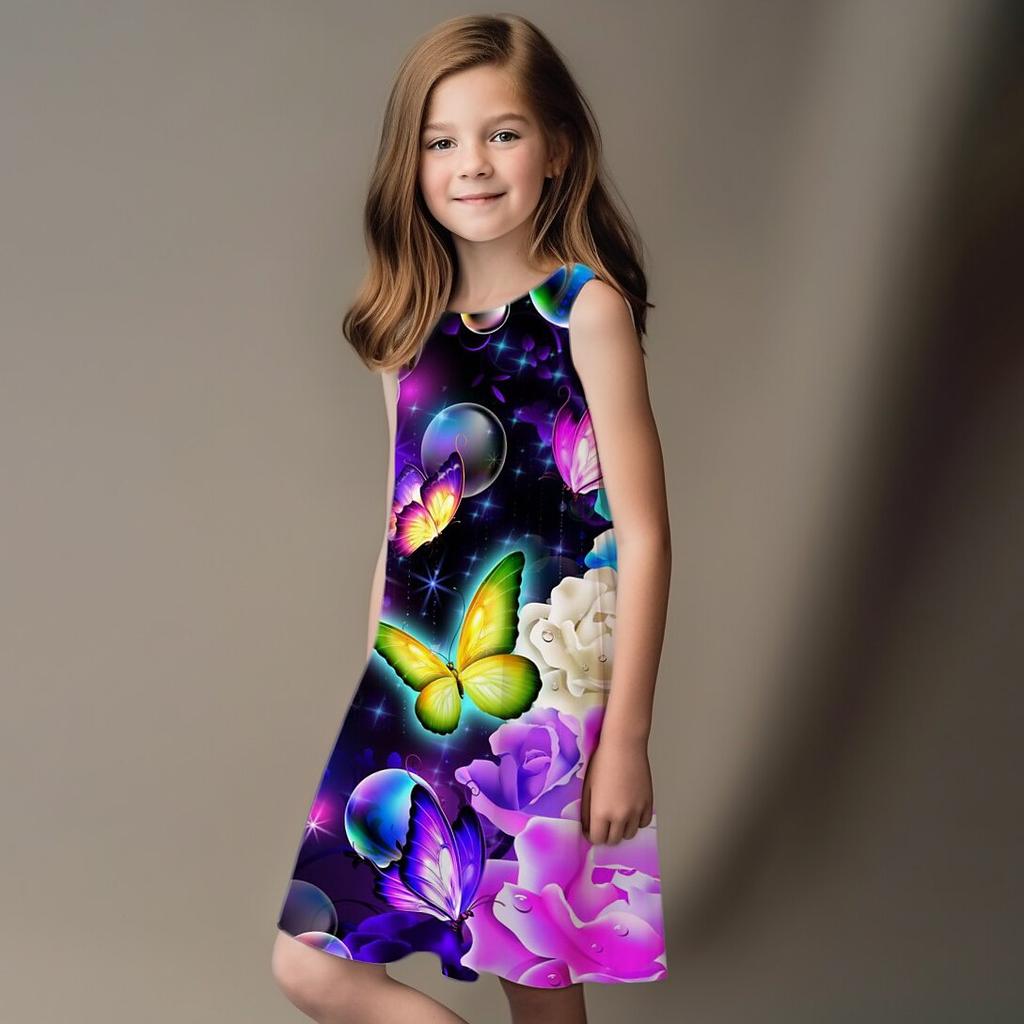 Летние платья-майки без рукавов с круглым вырезом, платья принцессы, милые платья для девочек с 3D-принтом бабочек и цветов