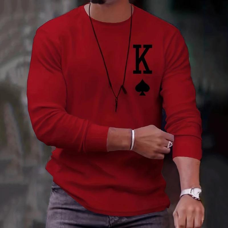 2025 Новое поступление Модные мужские футболки с длинным рукавом с принтом покера Свободные топы с круглым вырезом Оверсайз Повседневная футболка для мужчин