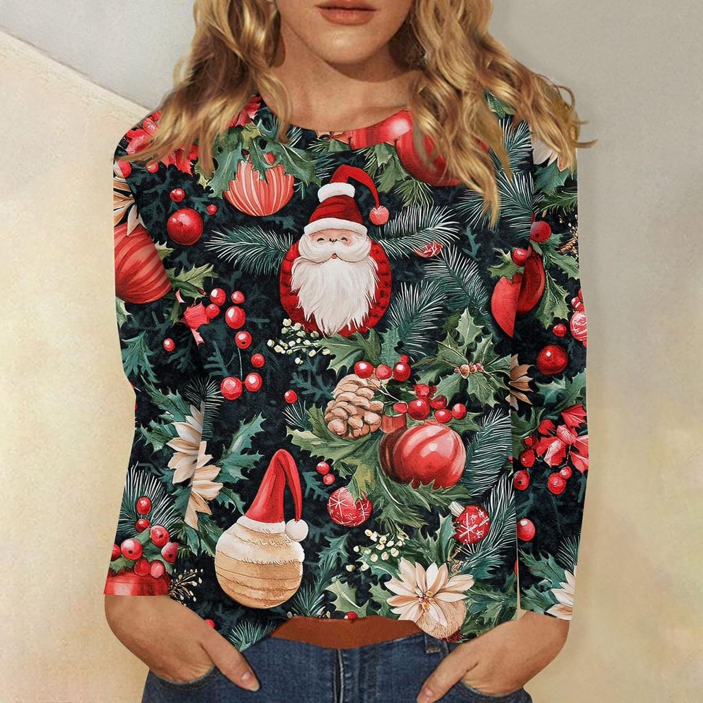 Women's Fashion Casual Christmas Printed Round Neck Long Sleeve Pullover Top
