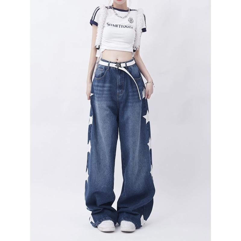 Американские джинсы с принтом ретро-звезд в стиле Instagram, женские летние новые свободные прямые широкие брюки-швабры в стиле High Street