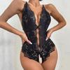 Sexy Women Bodysuit See-through Hollow Out Lace Bow Open Crotch Sleeveless Sknny Low-cut Cross Back Adjustable Spaghetti Strap Honeymoon Wedding