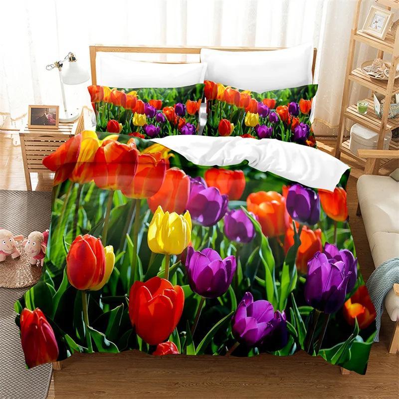 Color Tulip Pattern Bedding Set Down Duvet Quilt Cover Set 3D Digital Printing Quilt Cover Three-piece Set