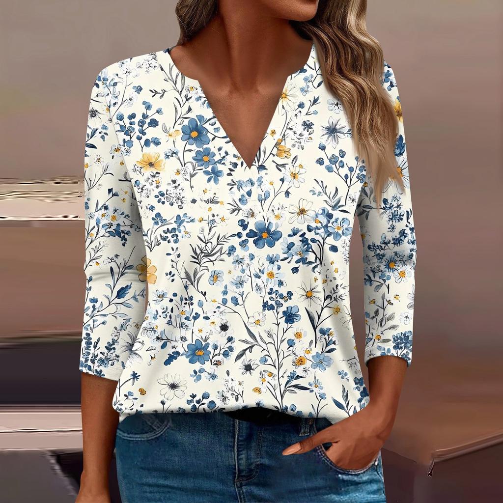 Женская футболка Футболка с принтом Рукав 3/4 Повседневные Выходные Мода Базовый V-образный вырез Обычный топ