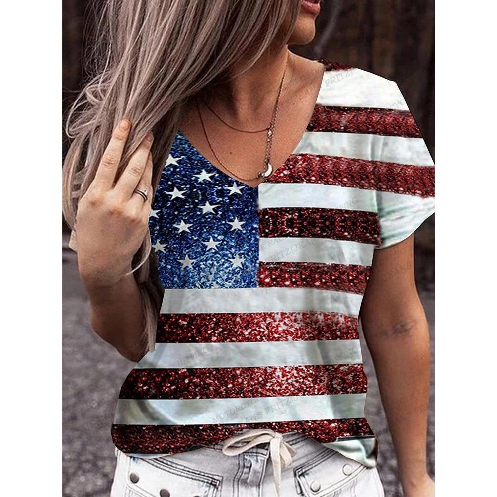 American Flag 3d Print T-shirt Women Fashion V-Neck T-shirts Short Sleeve Tops Tees Loose Casual Tees