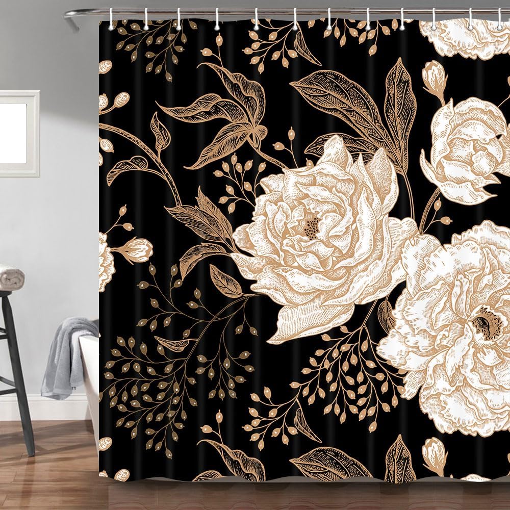Занавеска для душа Torich Black Gold Floral, Бохо Темные Розы Листья Ботаническая Эстетика Цветочная Занавеска для Ванной с Крючками