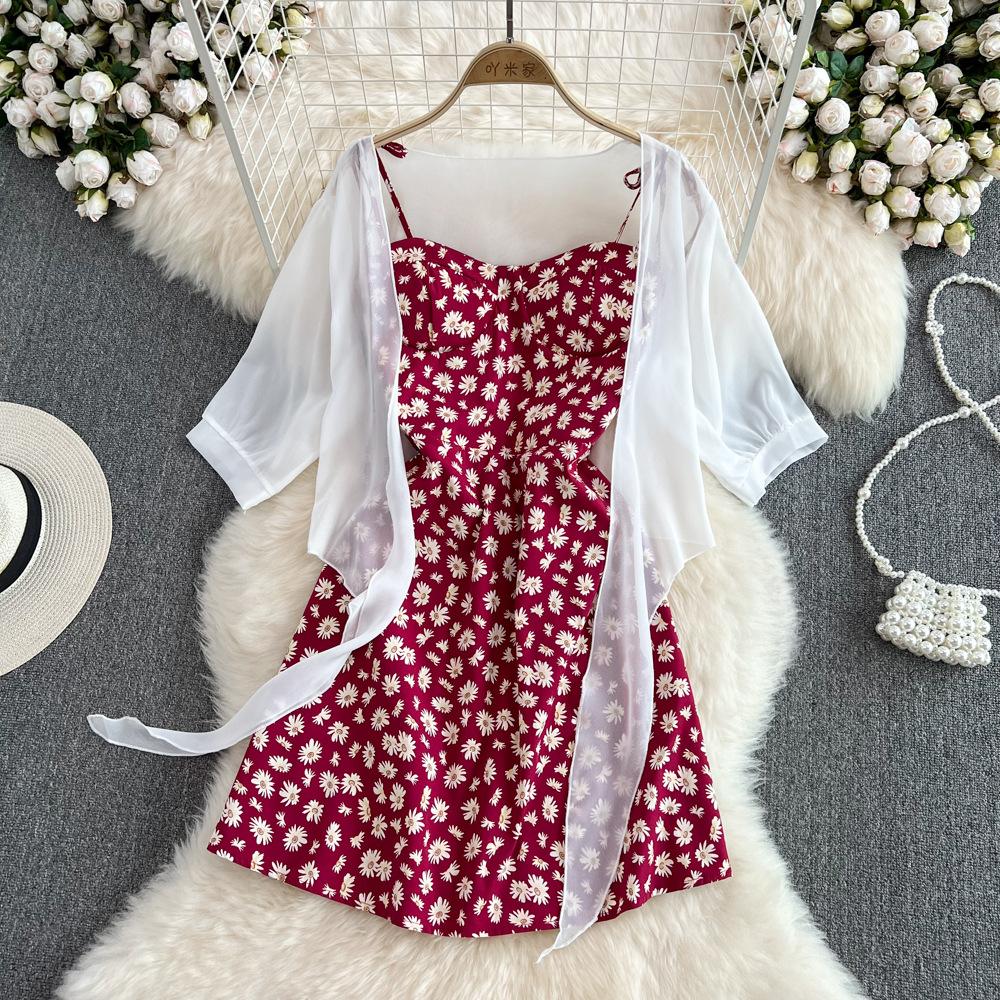 Women Summer Floral Print Two Piece Slim Vacation Elegant Ladies A Line Short Dress