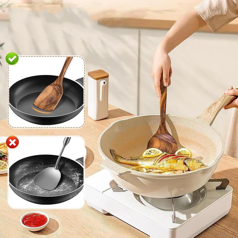 2Pcs Wooden Spatula Acacia Wood Long Handle Flat Frying Turner Spatulas Nonstick Cooking Utensils Cooking Tools Kitchen Supplies 4