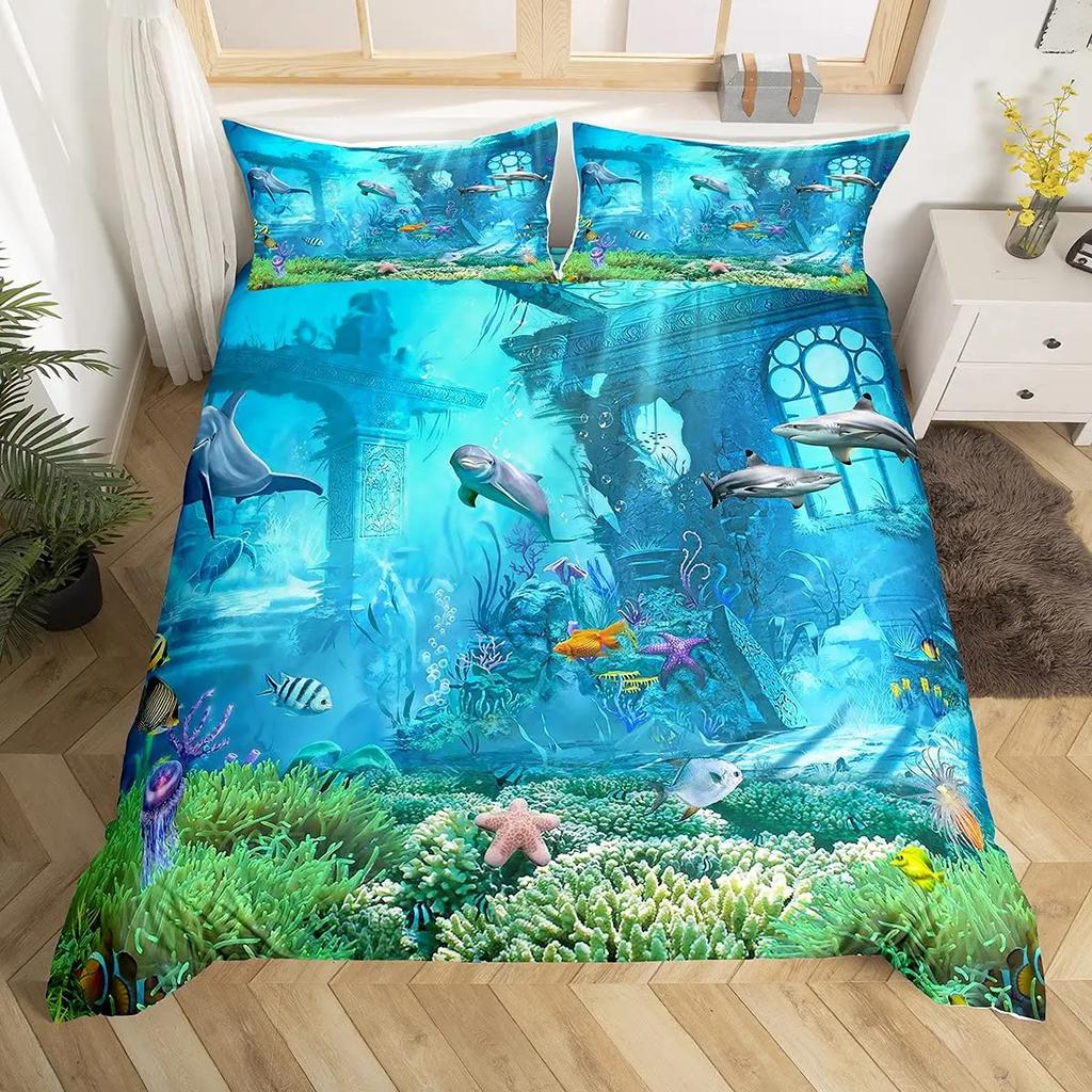 2/3pcs Fish Duvet Cover Set Ocean Bedding Sets 3D Printed Underwater World With Shark Dolphin Coral Reef Pattern Quilt Cover Set