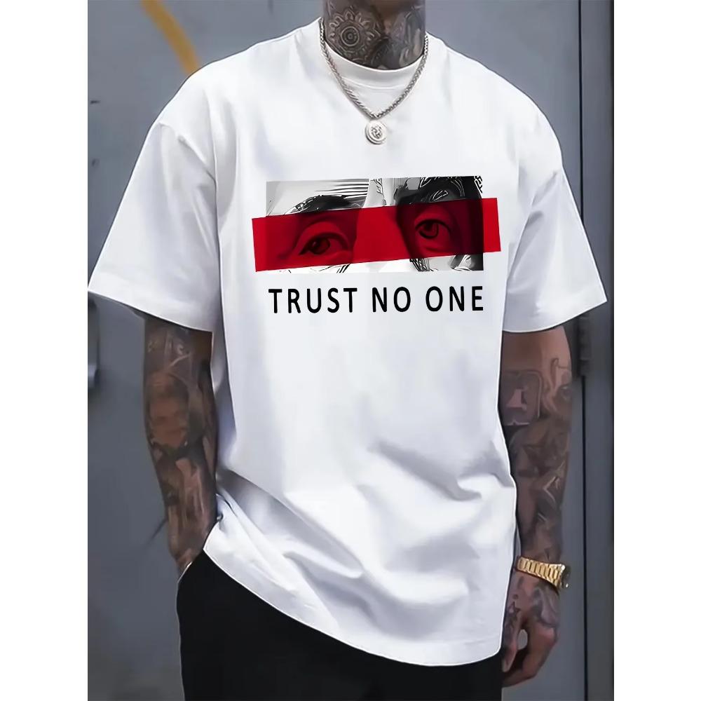 Men's Summer 100 Cotton Fashionable Sports Casual Loose Fit Plus Size TRUST NO ONE Printed Round Neck Short Sleeved T-shirt Top
