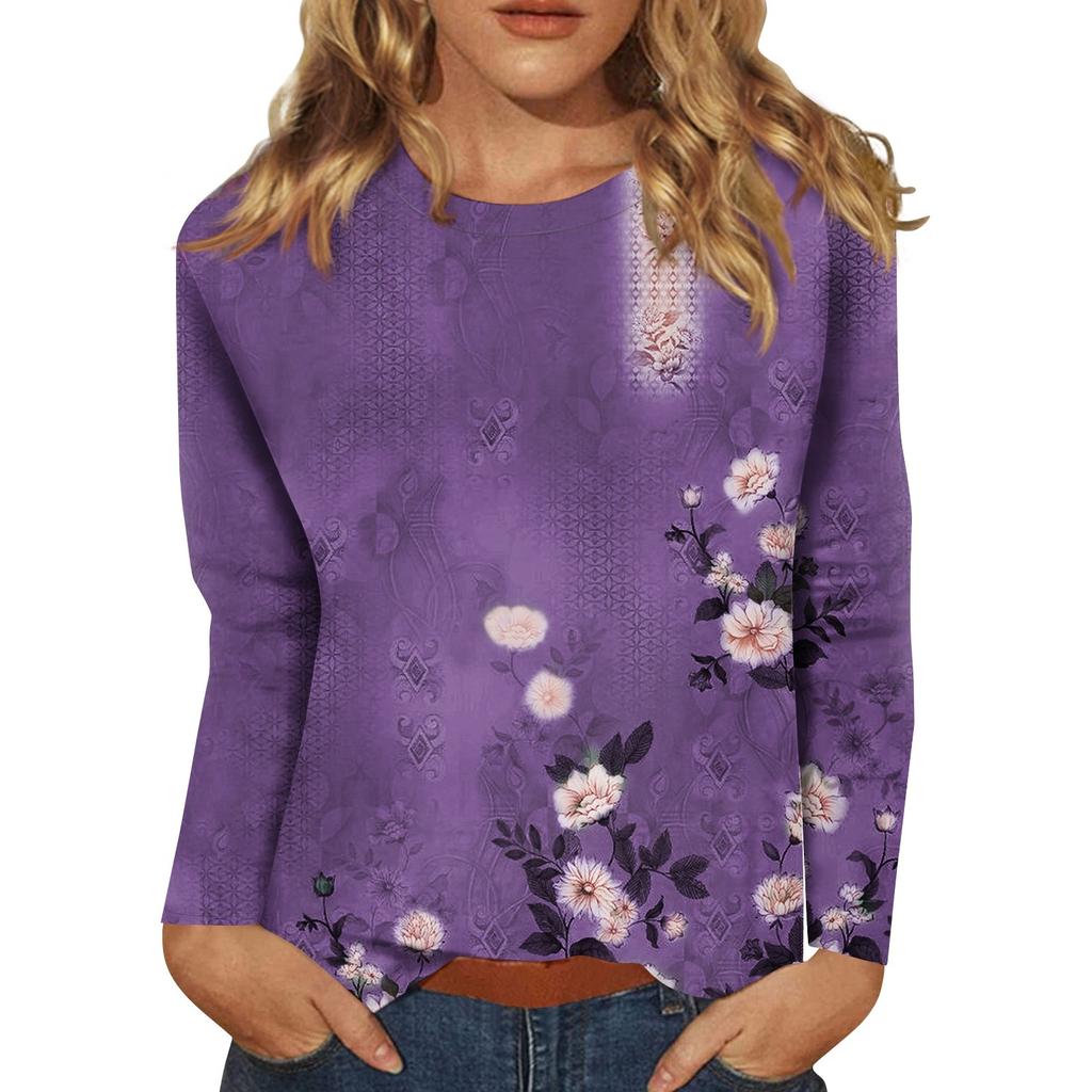 Женский модный повседневный топ с длинными рукавами с цветочным принтом и круглым вырезом Топ с длинными рукавами