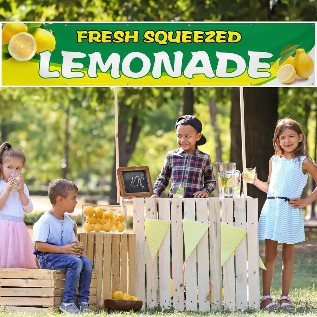 2 x 10 ft Lemonade Sign Vinyl Banner Fresh Squeezed Lemonade Stand Supplies Lemon Flag for Indoor Outdoor Business Restaurant Advertising Banner