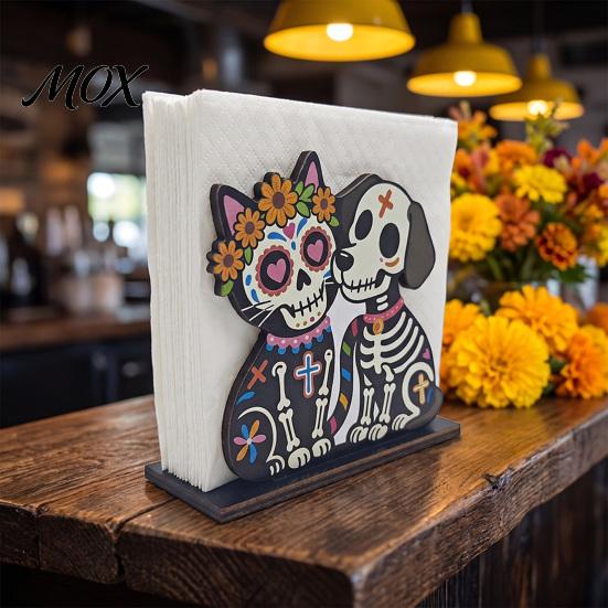 Day of The Dead Decor Wooden Skull Napkin Holder, Decorative Floral Tissue Dispenser, Dispenser Dia De Los Muertos Paper Towel Holder for Home Kitchen
