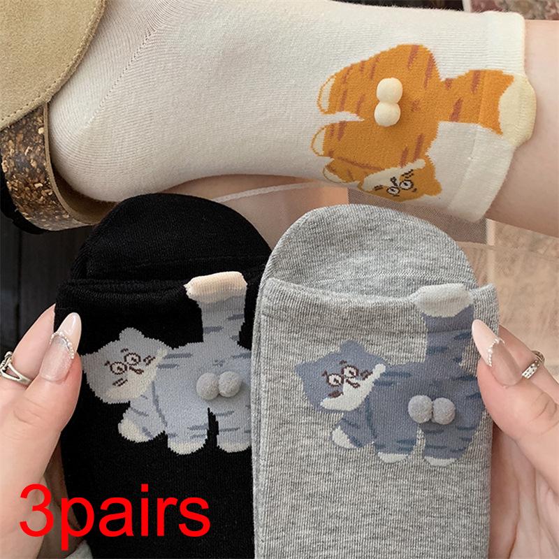 Носки средней длины с милым мультяшным котом на пятке, объемным меховым помпоном, забавные носки