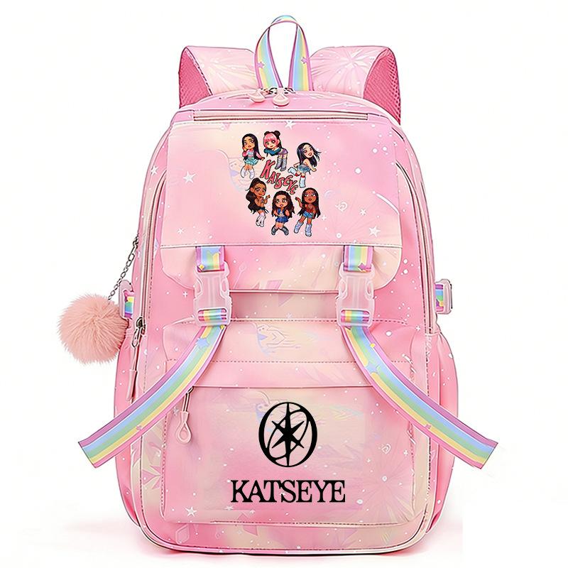 KATSEYE Cartoon Print Backpack Gradient Girls Student Bookbag Large Capacity Lightweight Pink 60331