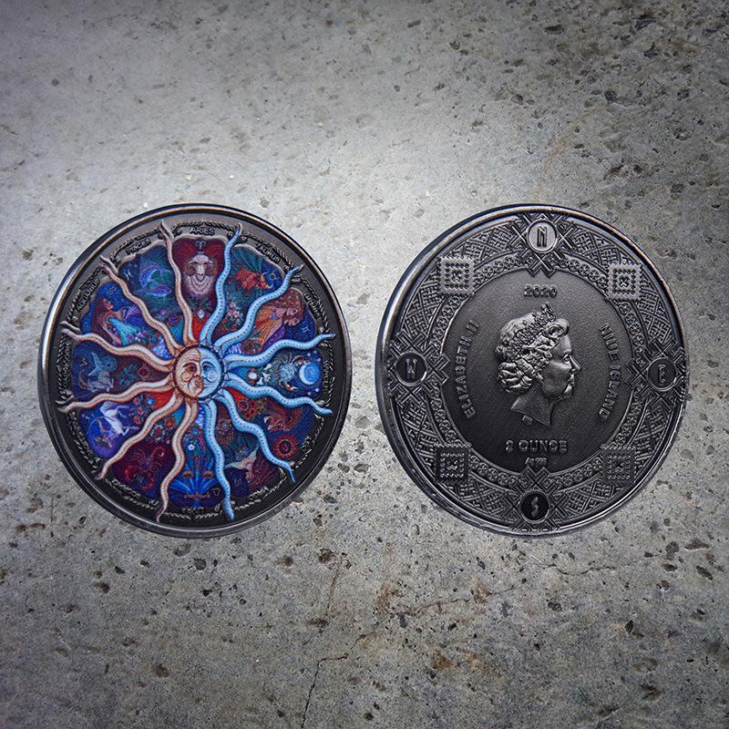 Twelve Zodiac Signs, Sun and Moon Gods, Lucky Coin, Ancient Silver, Commemorative Coin, Zodiac Signs, European and American, Colorful Coin