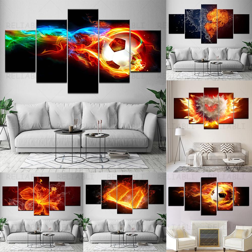 5 панелей красочные пламя огонь цветок сердце футбол холст картины постеры и принты настенные художественные фотографии домашний декор без рамки