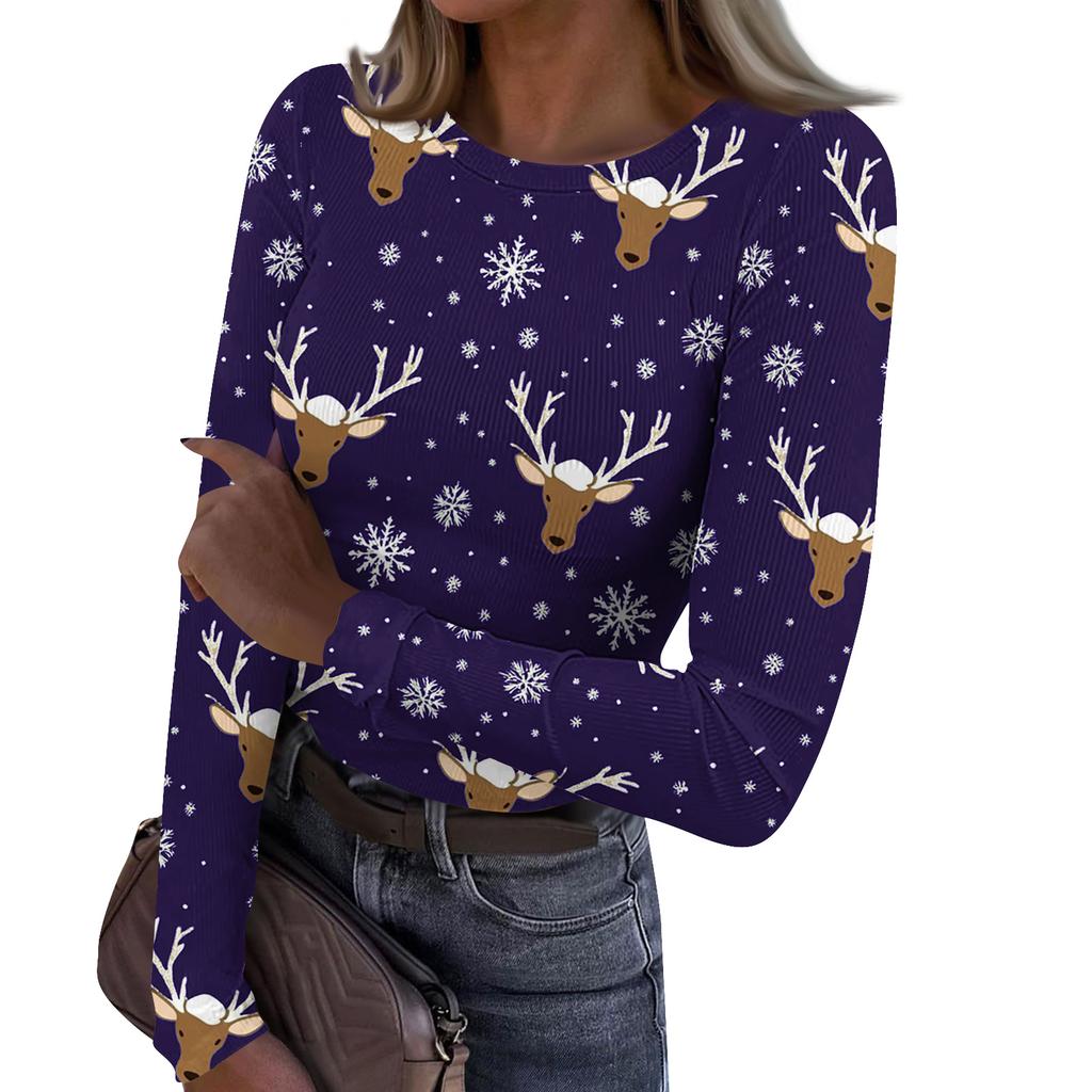 Женская модная облегающая футболка с круглым вырезом, базовый слой, с рождественским принтом, с длинным рукавом