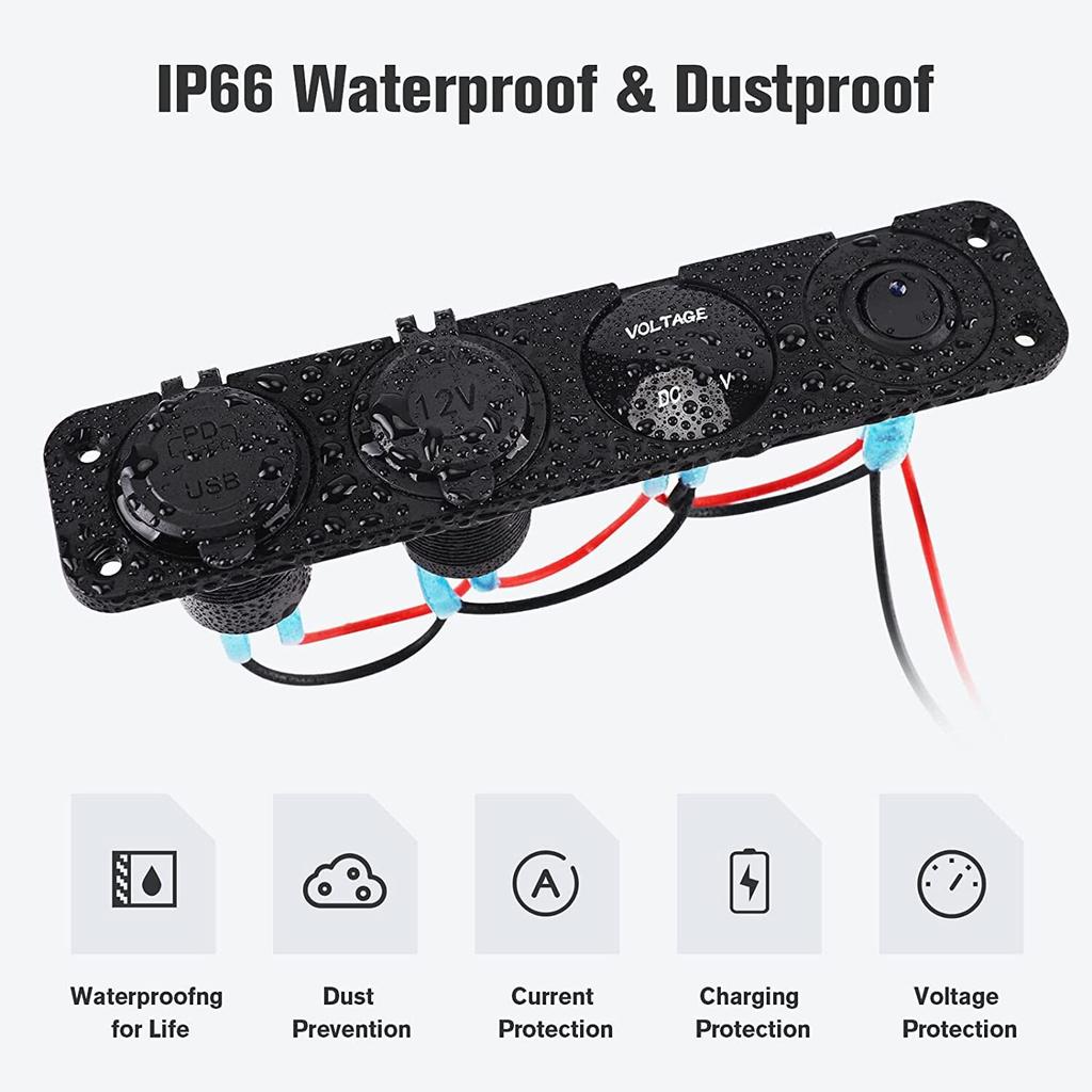 4 In 1 Panel PD QC3.0 USB Car Charger LED Voltmeter Power Socket Power Outlet Toggle Switch for Truck Car Boats RV