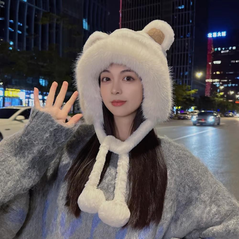 Зимняя теплая плюшевая шапка, модная новая шнуровка, помпон, шарики, шапка, милая шапка с ушками медведя, женская ветрозащитная наружная защита ушей